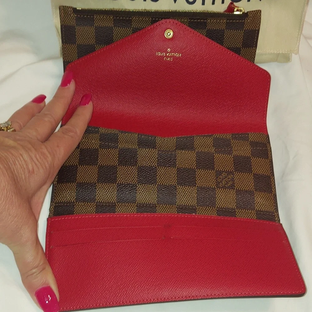 ❤️LOUIS VUITTON Damier Ebene Josephine Wallet with Red Leather Trim